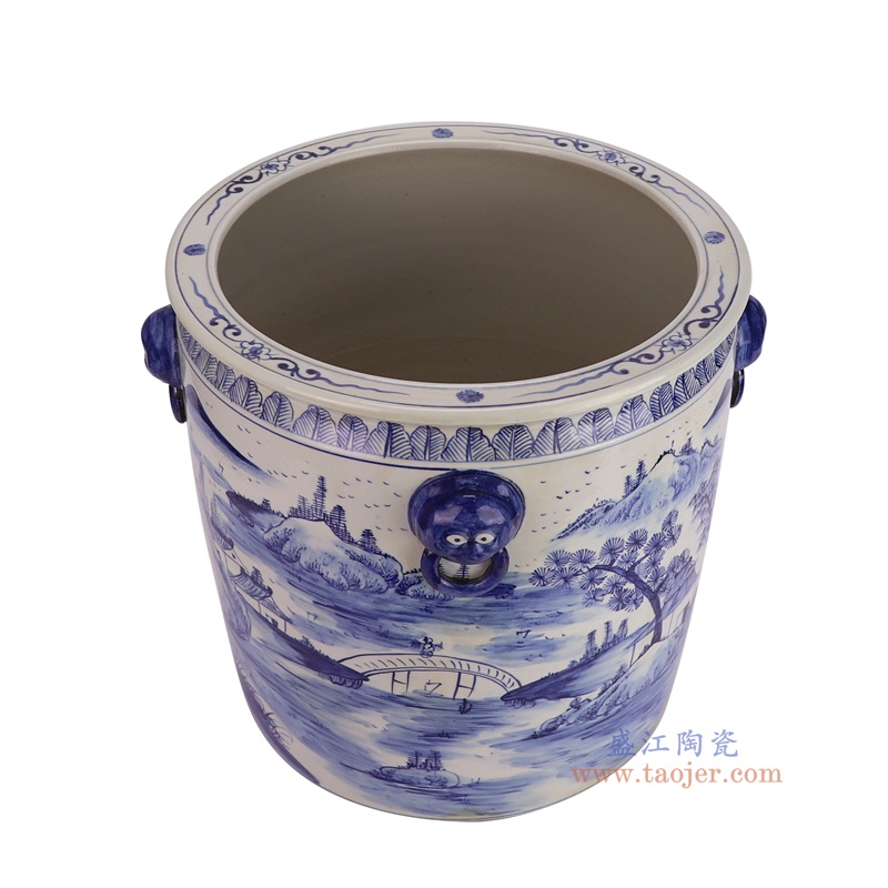 RZFH02-G青花手绘山水狮子耳直筒缸俯视图