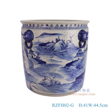 RZFH02-G 青花手绘山水狮子耳直筒缸 高41直径44.5口径40.5底径32重量13.5KG