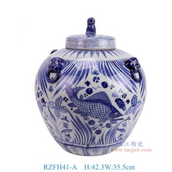 RZFH41-A 青花鱼藻纹狮头衔环大肚盖罐 高42.3直径35.5底径18.6重量8.2KG