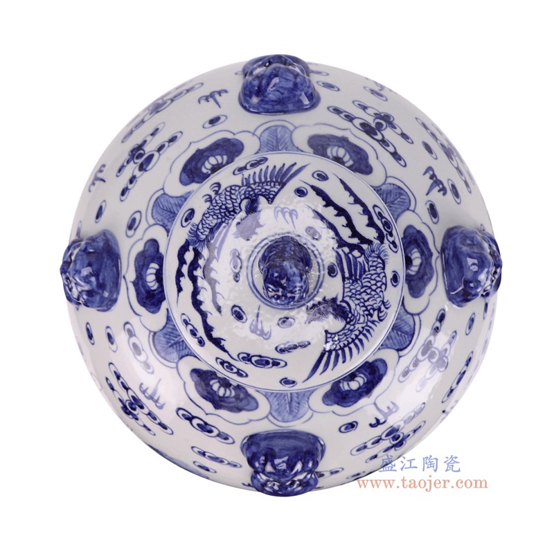 RZFH41-B青花龙纹狮头衔环大肚盖罐顶部图