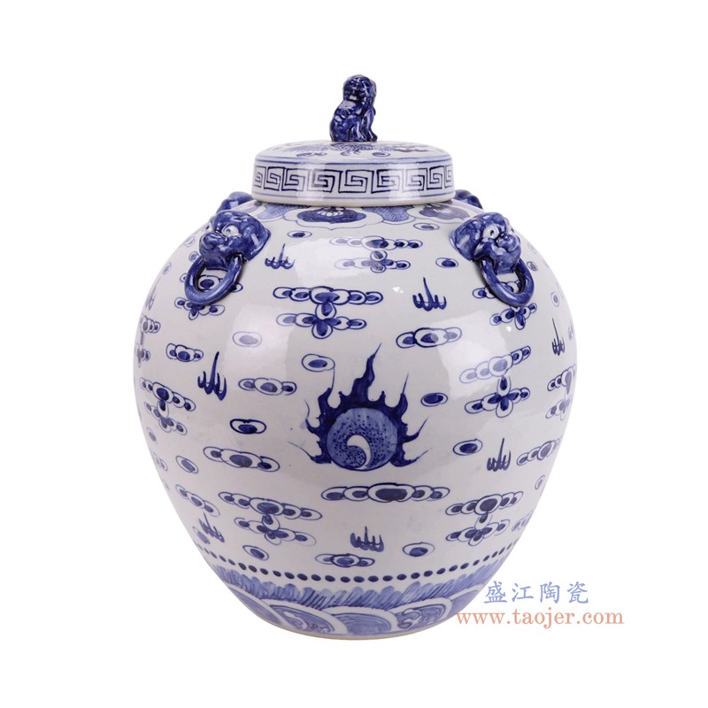RZFH41-B青花龙纹狮头衔环大肚盖罐侧面图