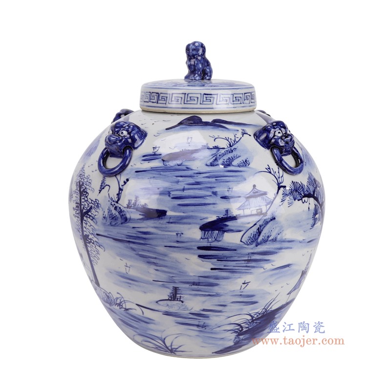RZFH41-C青花山水大肚狮头衔环盖罐侧面图