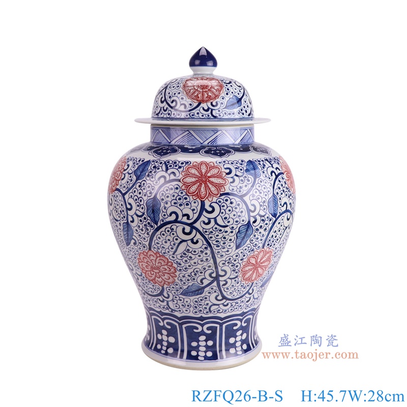RZFQ26-B-S青花釉里红缠枝莲将军罐正面图