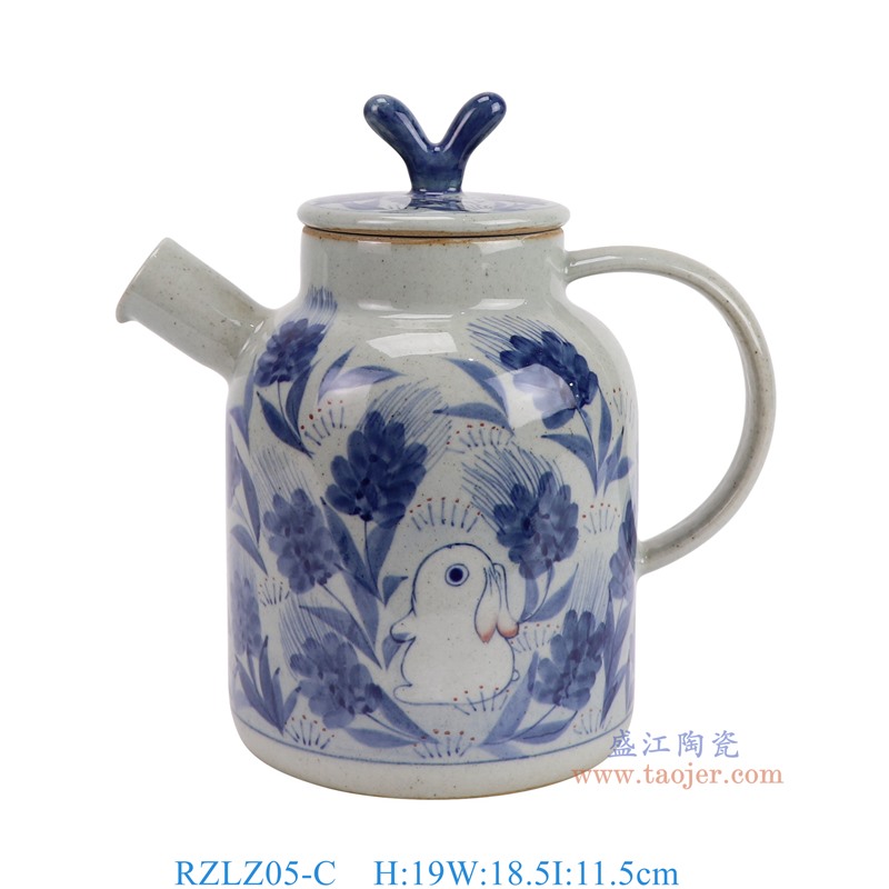 RZLZ05-C 青花白兔纹提手壶 高19直径18.5底径11.5重量0.75KG