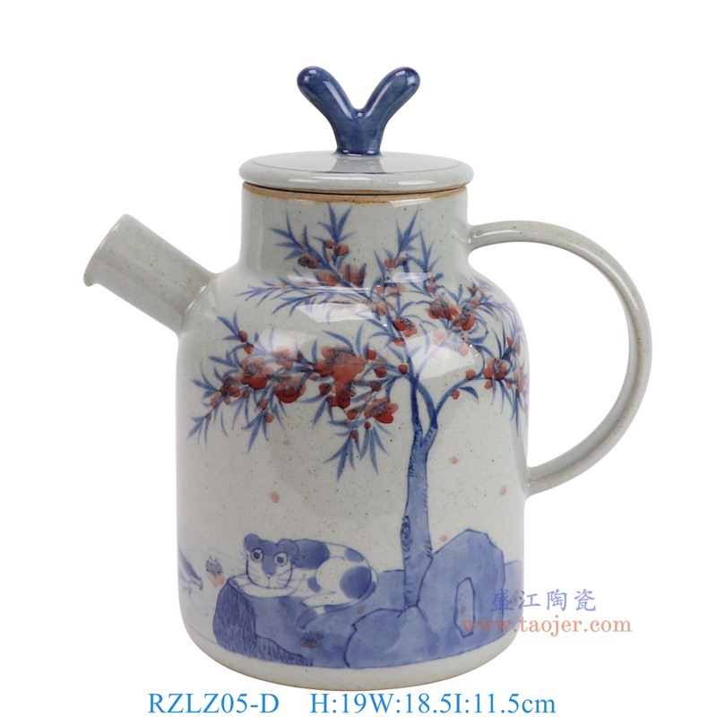 RZLZ05-D  青花釉里红猫树纹提手壶 高19直径18.5底径11.5重量0.75KG