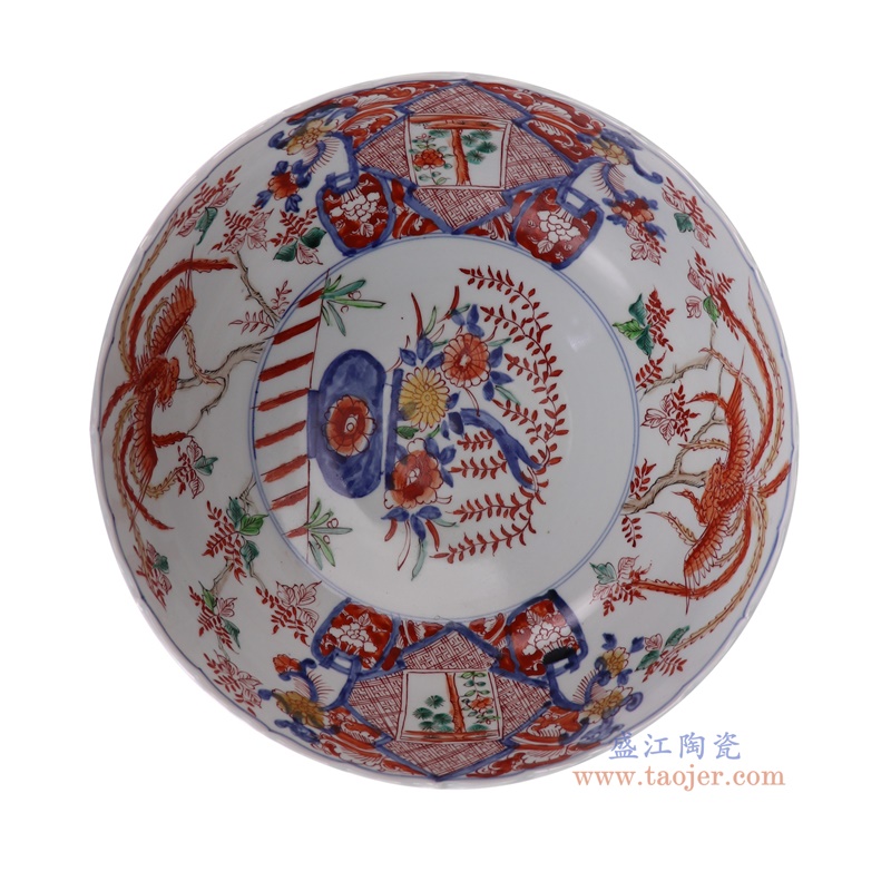 RZQF34-A青花斗彩凤凰花鸟纹大碗顶部图