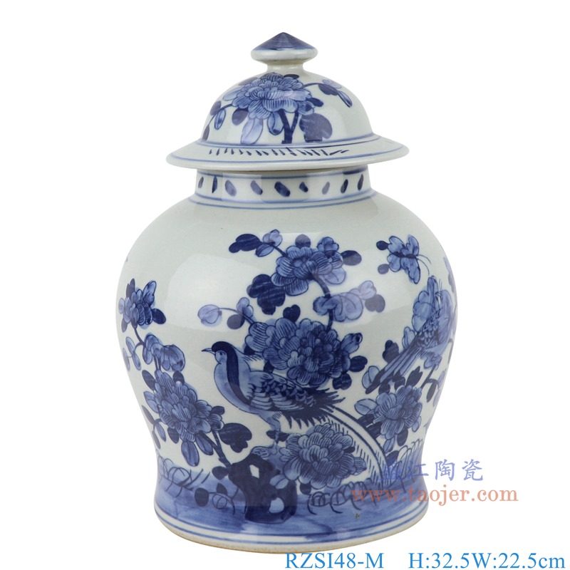 RZSI48-M青花花鸟将军罐正面图