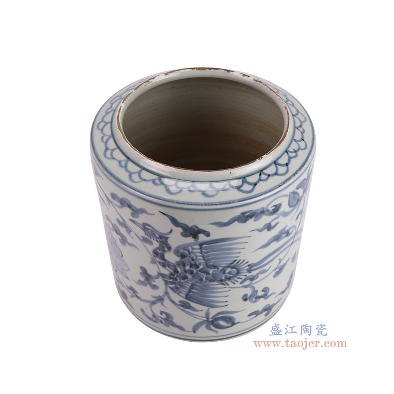RZSX01-E青花缠枝莲凤凰纹笔筒俯视图