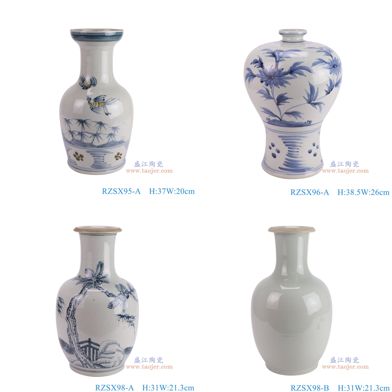 RZSX95-A青花釉里红花鸟竹纹棒槌瓶 RZSX96-A青花花鸟竹纹梅瓶 RZSX98-A青花松竹纹花瓶 RZSX98-B仿古老泥巴纯白花瓶