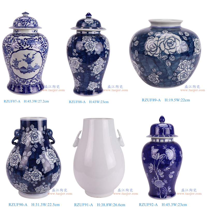 RZUF87-A青花缠枝莲开窗博古纹将军罐 RZUF88-A青花蓝底牡丹纹将军罐 RZUF89-A青花蓝底牡丹纹苹果罐 RZUF90-A青花蓝底牡丹纹象耳福桶瓶 RZUF91-A白色鹿头福桶瓶 RZUF92-A青花蓝底花蝶纹将军罐