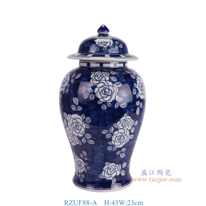 RZUF88-A 青花蓝底牡丹纹将军罐 高43直径23口径12.5底径16.8重量4.25KG