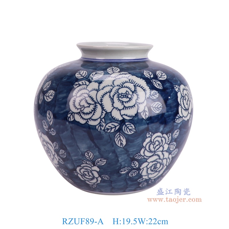RZUF89-A 青花蓝底牡丹纹苹果罐 高19.5直径22口径10.5底径10重量2.05KG