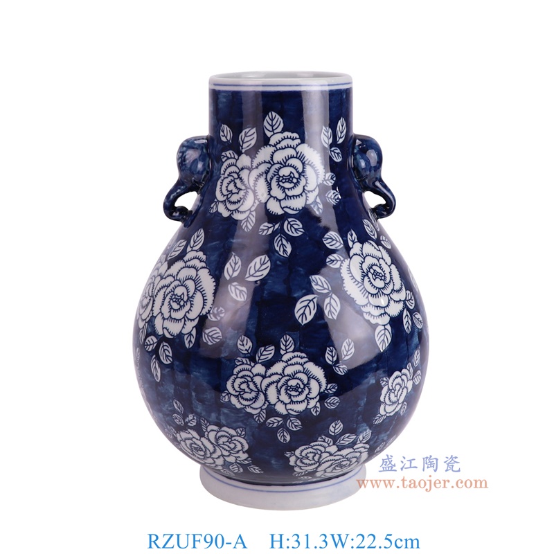 RZUF90-A 青花蓝底牡丹纹象耳福桶瓶 高31.3直径22.5口径10.5底径13重量2.6KG