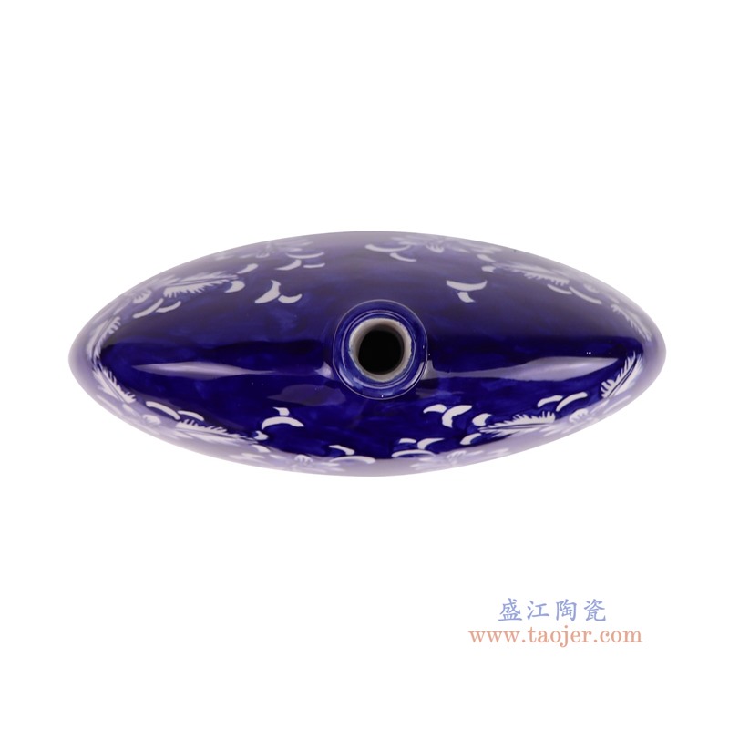 RXCE-4495-DC119青花蓝底花叶纹扁肚尖嘴罐顶部图