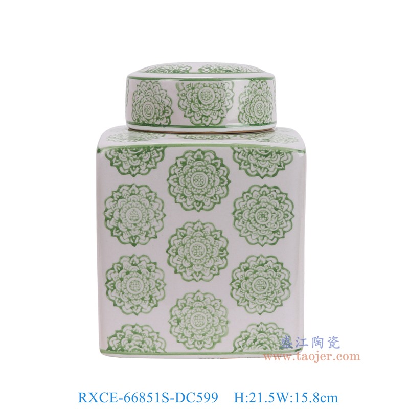 RXCE-66851S-DC599绿色圆形花卉纹四方罐正面图