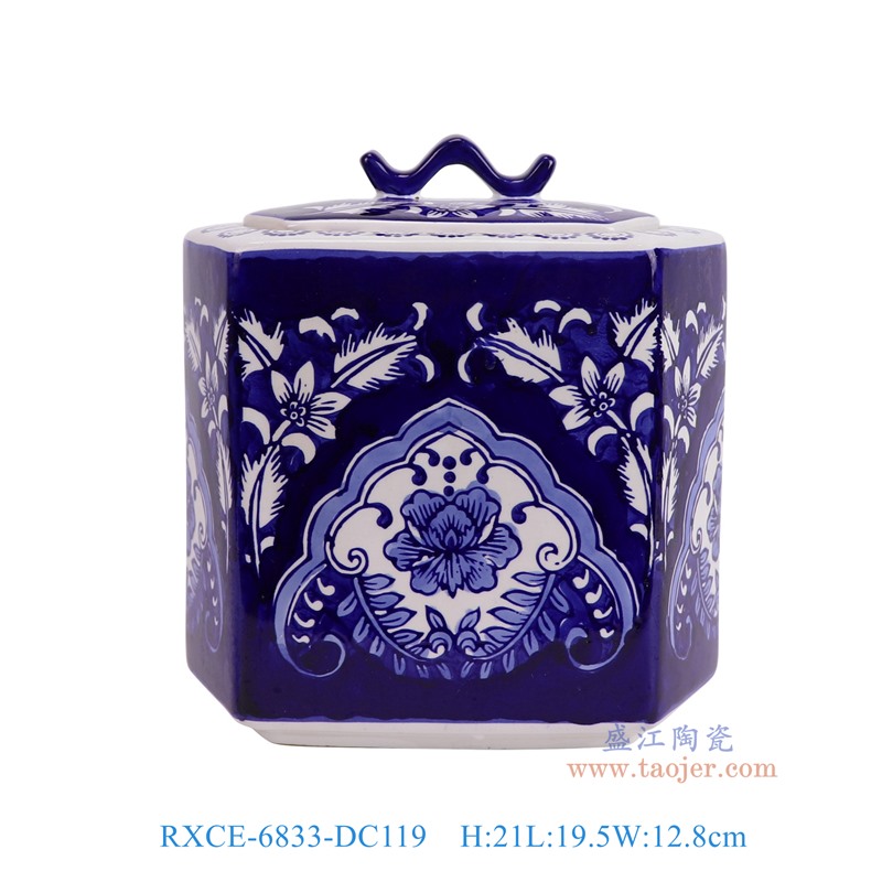 RXCE-6833-DC119青花蓝底花叶纹六边形罐子正面图