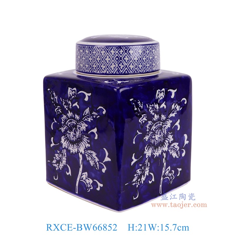 RXCE-BW66852蓝底牡丹花叶纹四方罐正面图
