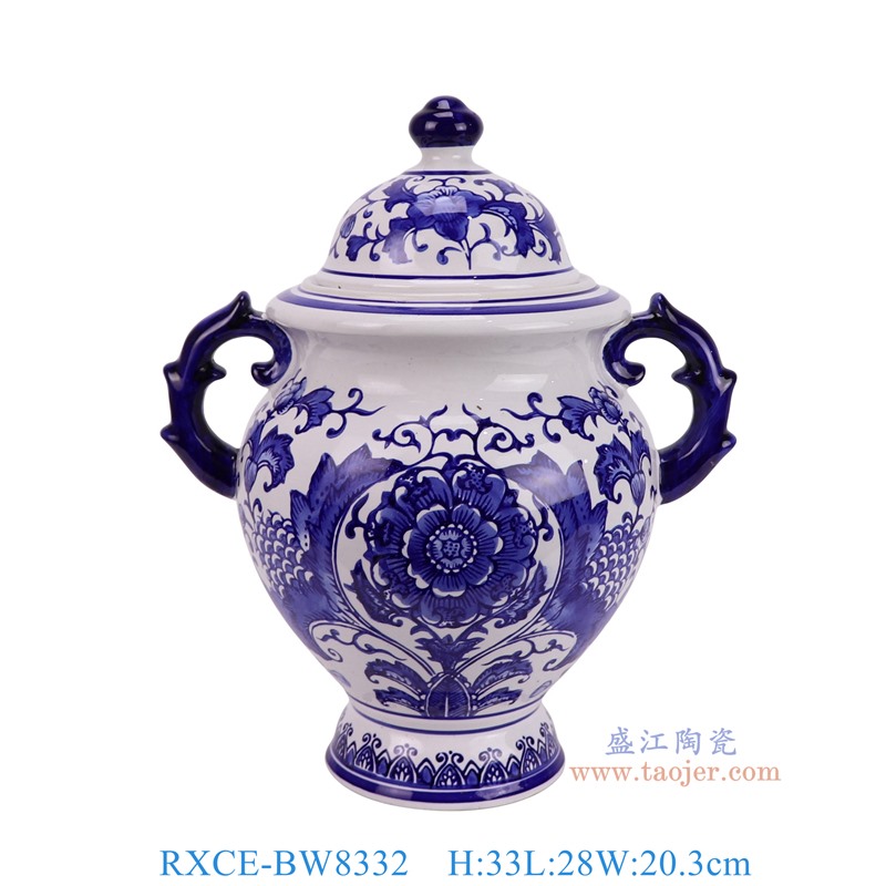 RXCE-BW8332青花花叶纹双耳将军罐正面图