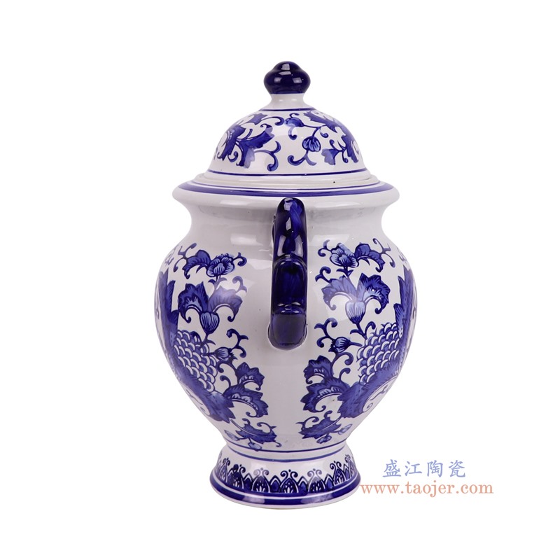 RXCE-BW8332青花花叶纹双耳将军罐侧面图