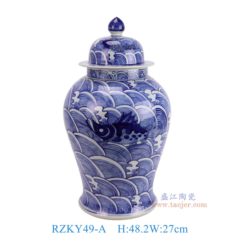 RZKY49-A青花海水鱼纹将军罐正面图