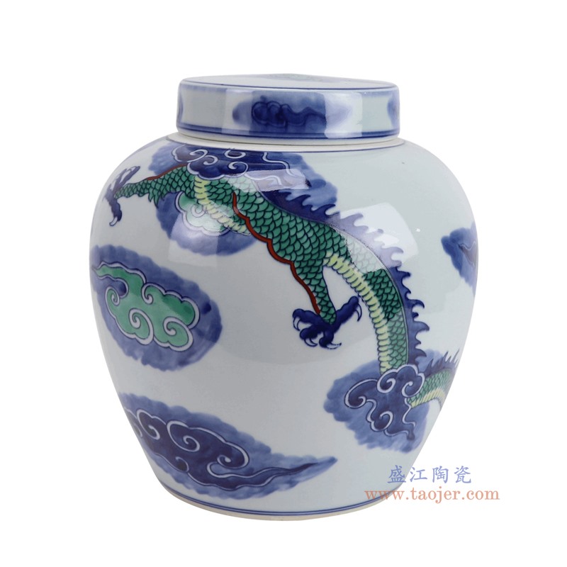RZOE14青花斗彩绿龙纹明罐侧面图