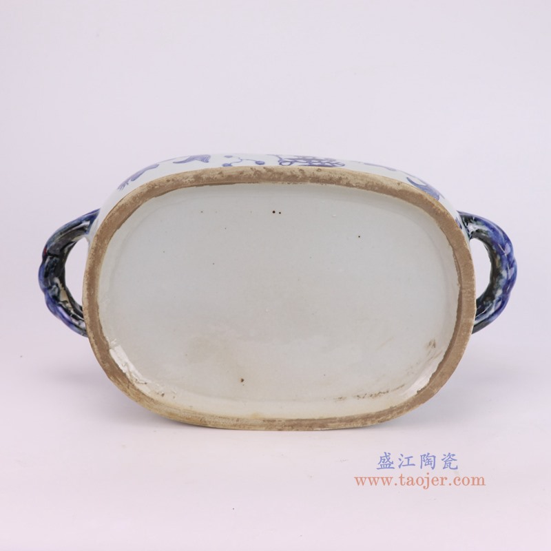 RZPI92-B青花鱼藻纹椭圆双耳花盆底部图