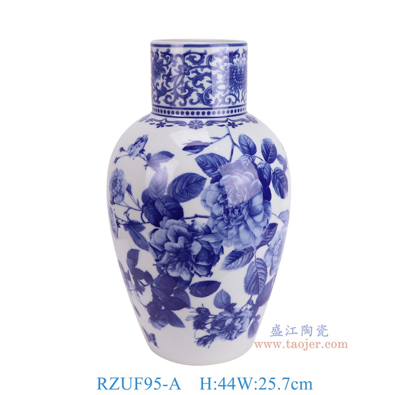 RZUF95-A青花牡丹花蝴蝶纹直口冬瓜瓶正面图