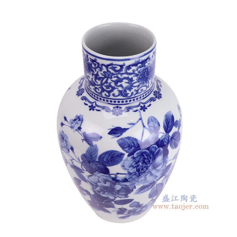 RZUF95-A青花牡丹花蝴蝶纹直口冬瓜瓶俯视图