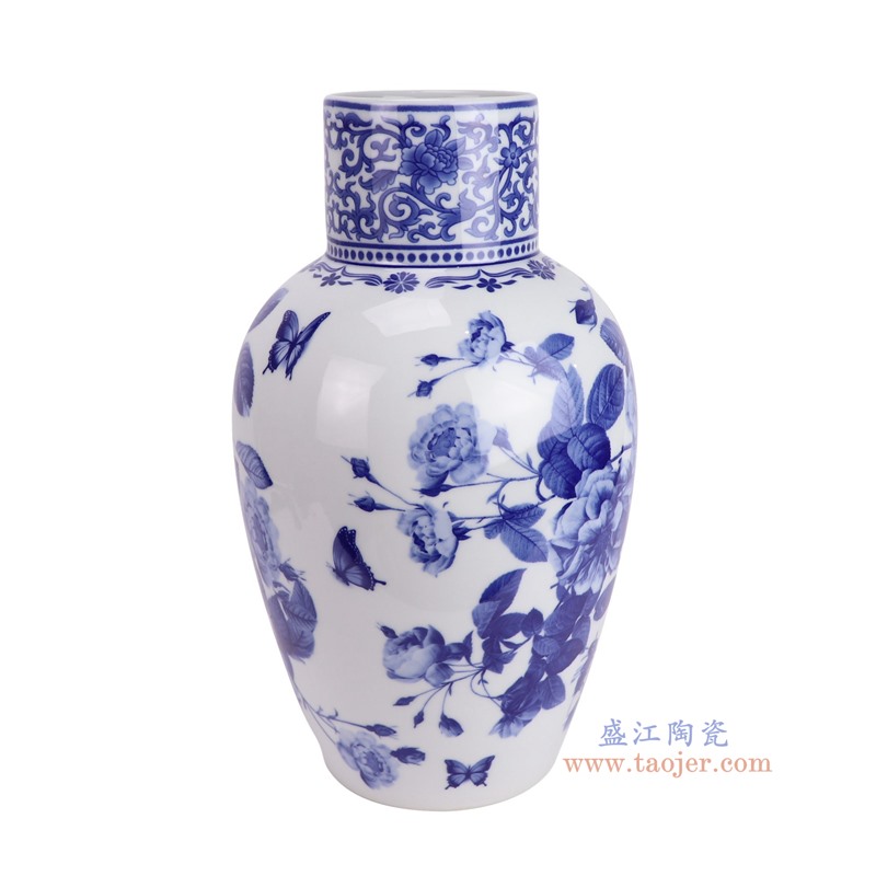 RZUF95-A青花牡丹花蝴蝶纹直口冬瓜瓶侧面图