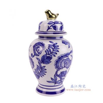 RXCE-66059G-DC668 青花花叶纹镀金鸟盖将军罐 高25.8直径14底径9.5重量1.1KG