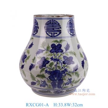 RXCG01-A 青花花鸟福桶瓶 高33.8直径32底径19.8重量4KG