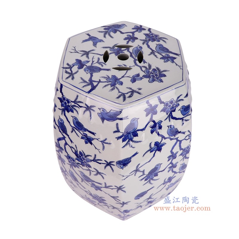 RYKB172-A青花花鸟六边形凳子俯视图