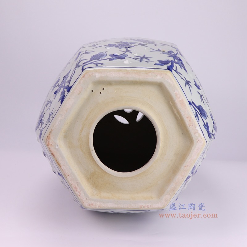 RYKB172-A青花花鸟六边形凳子底部图