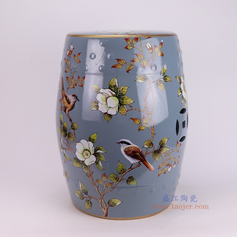 RYYL18-A灰蓝底花鸟凳子侧面图凉墩