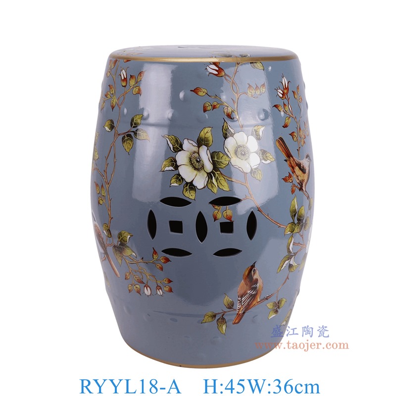 RYYL18-A灰蓝底花鸟凳子凉墩正面图