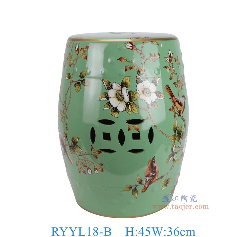 RYYL18-B绿底花鸟凳子凉墩正面图