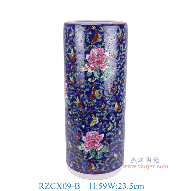 RZCX09-B粉彩蓝底花蝶纹箭筒伞筒
