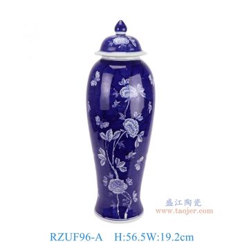 RZUF96-A  青花蓝底牡丹花蝶纹将军罐 高56.5直径19.2底径14.5重量4.25KG