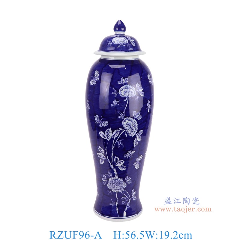 RZUF96-A青花蓝底牡丹花蝶纹将军罐正面图