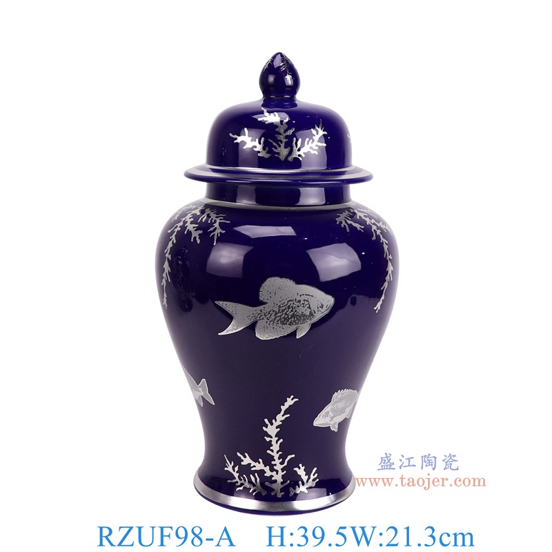 RZUF98-A青花蓝底银色鱼藻纹将军罐正面图