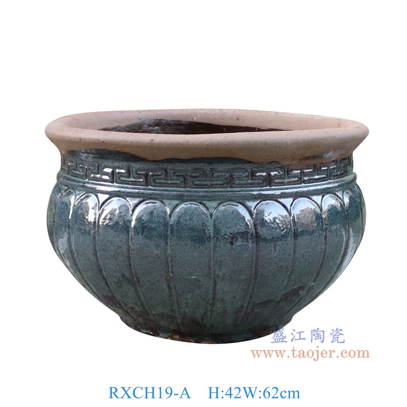 RXCH19-A仿古绿釉雕刻线条纹陶缸