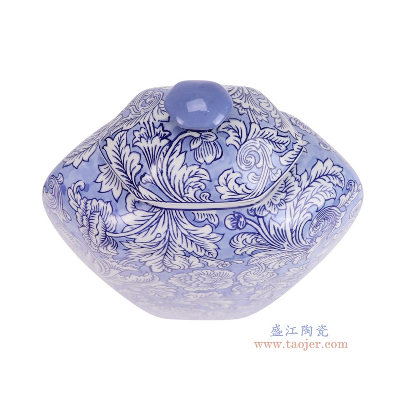 RXCD13-A-L蓝底青花花叶纹六角扁肚将军罐大号俯视图