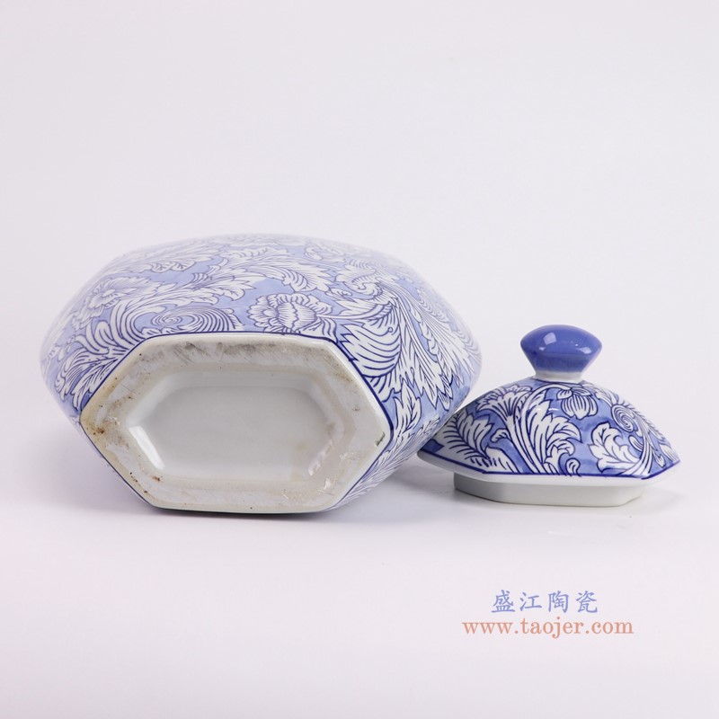 RXCD13-A-S-WW22088S蓝底青花花叶纹六角扁肚将军罐小号底部图