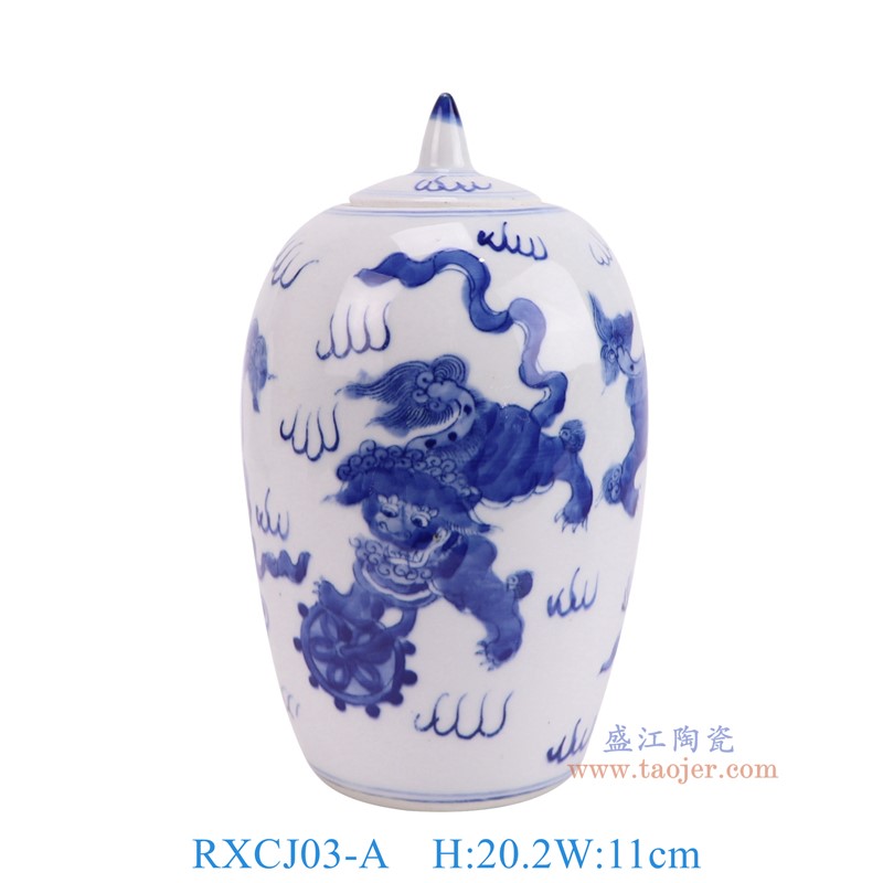 RXCJ03-A青花狮子戏球冬瓜罐正面图