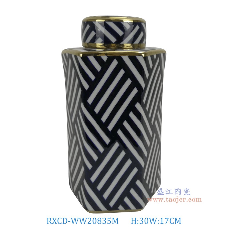 RXCD-WW20835M几何图案手工描金六方罐中号高30长17宽15