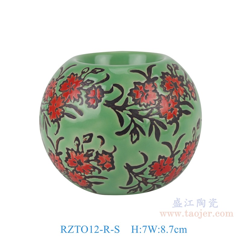 RZTO12-P-S 绿底彩绘花叶纹烛台小号 高7直径8.7底径2.3重量0.2KG