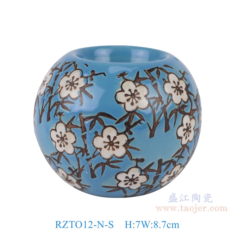 RZTO12-N-S 蓝底彩绘花叶纹烛台小号 高7直径8.7底径2.3重量0.2KG
