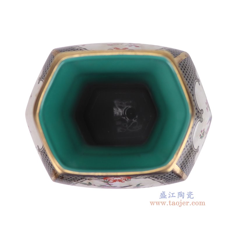 RYRJ37-A-S珐琅彩灰底开窗花鸟六角花瓶小号顶部图