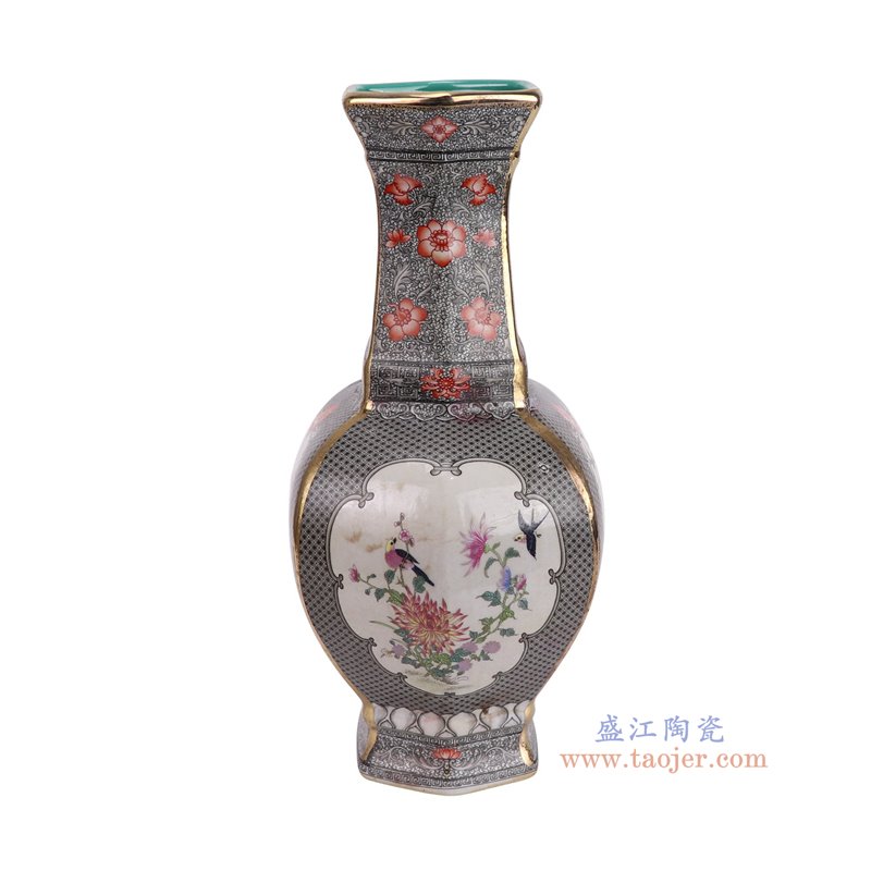 RYRJ37-A-S珐琅彩灰底开窗花鸟六角花瓶小号侧面图