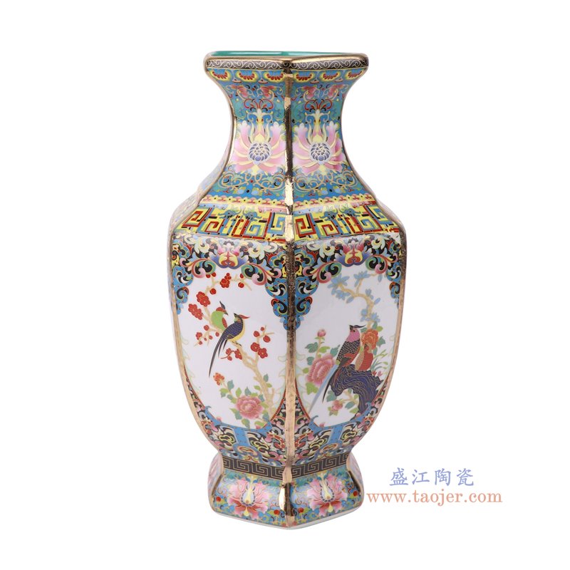 RYRJ33-A-S珐琅彩蓝底开窗花鸟六方瓶小号侧面图